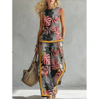 Printed Retro Sleeveless Top & Wide-Leg Pants Set | 12 Prints S–5XL
