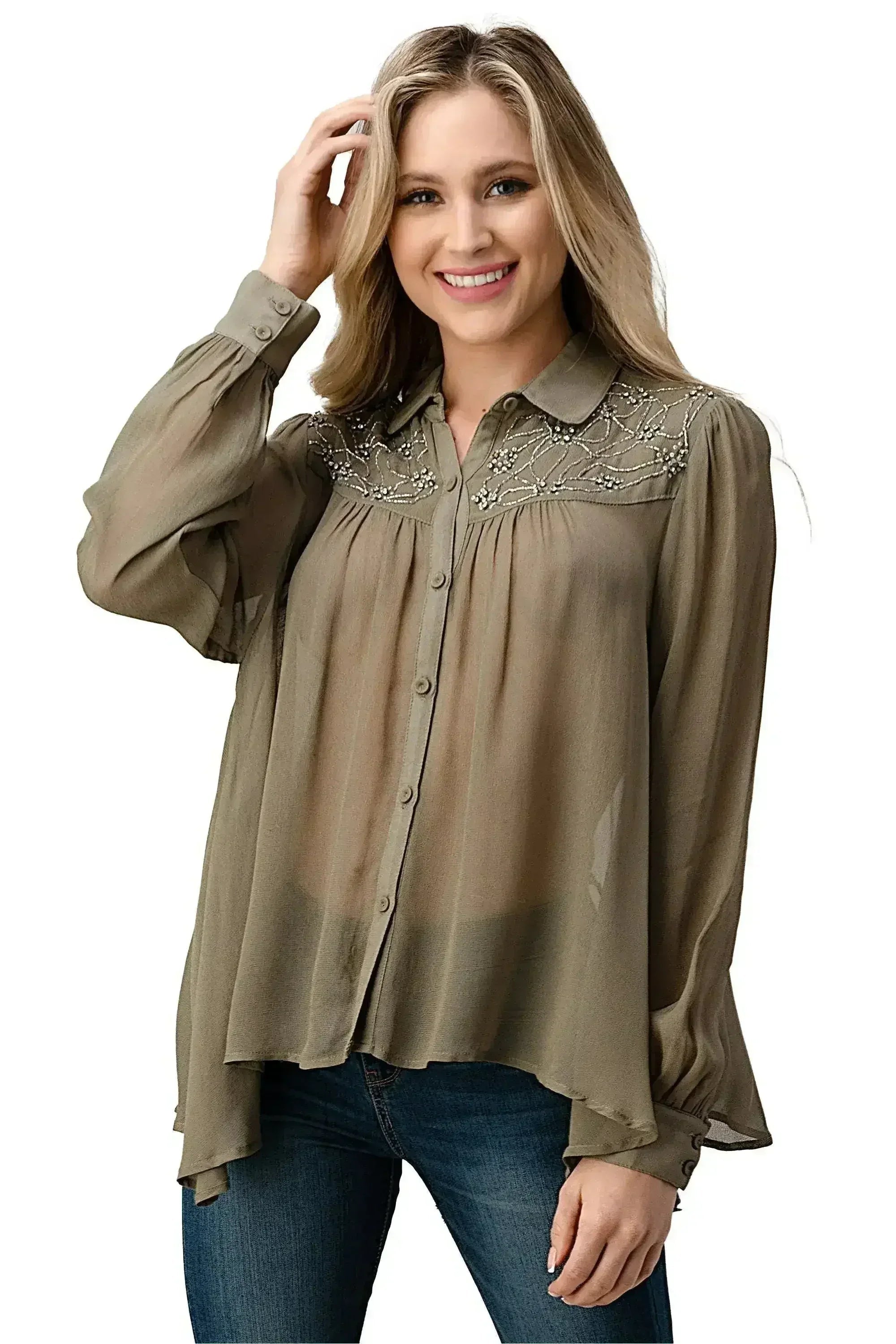 Embroidered Sheer Georgette Blouse with Beaded Trim