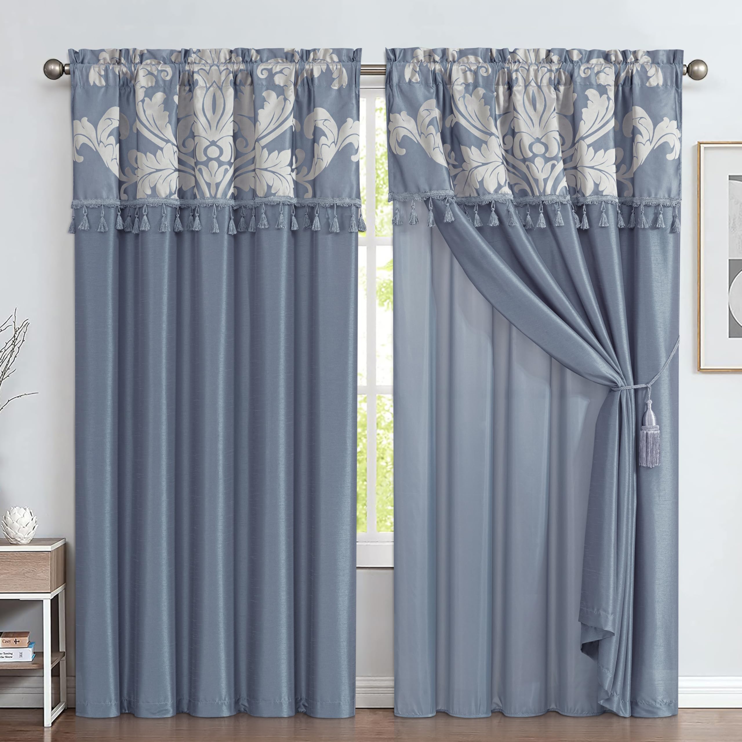 Royale 4-Piece Jacquard Floral Curtain Set – Chezmoi Collection (Grayish Blue/Gray)