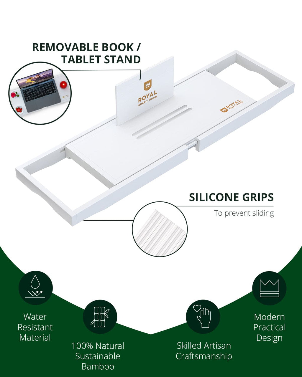 Extendable Bamboo Bathtub Caddy Tray – White