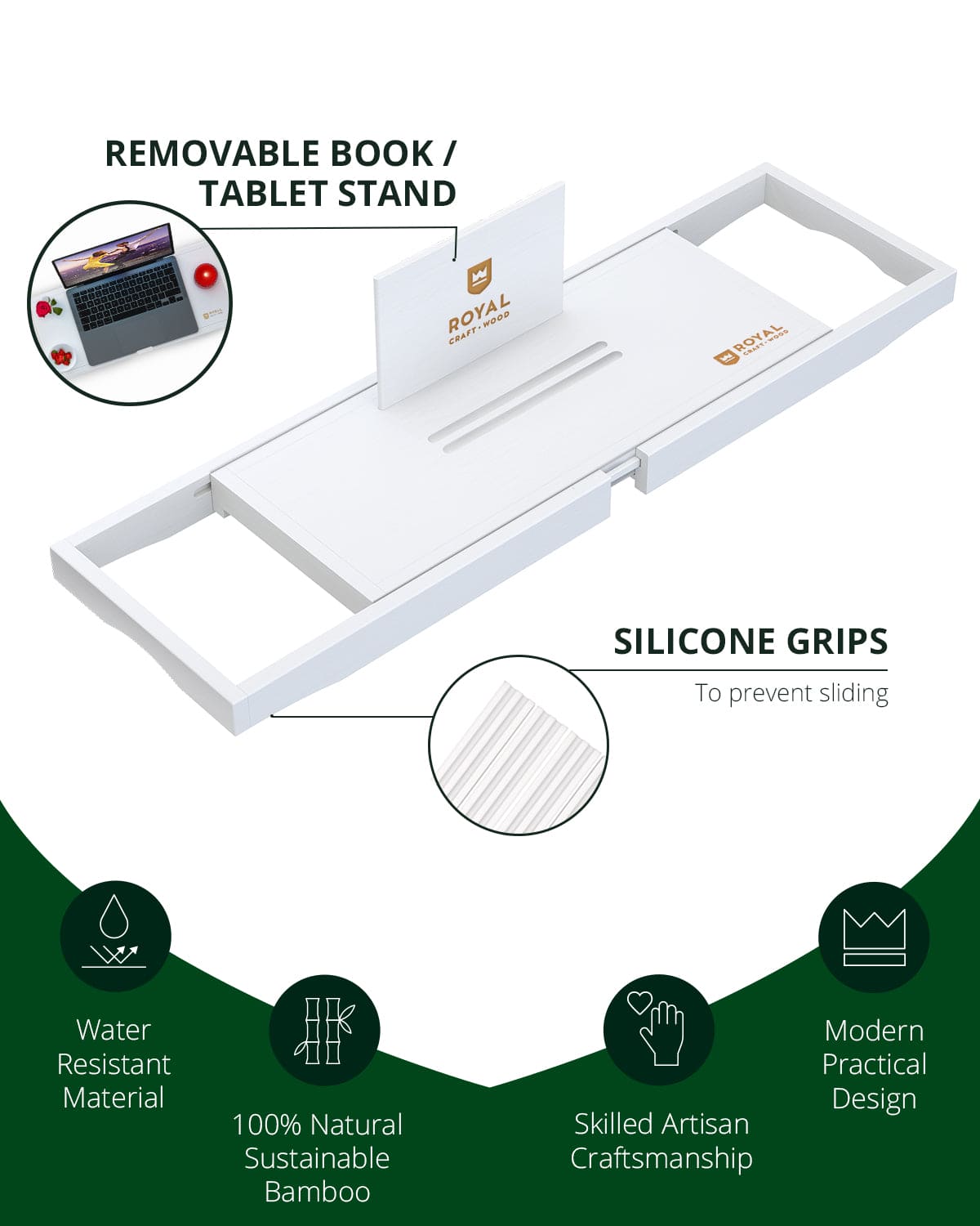 Extendable Bamboo Bathtub Caddy Tray – White
