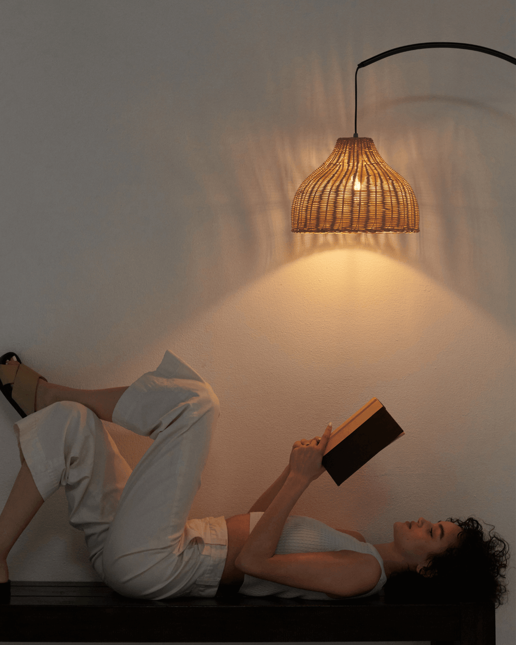 Arc Floor Lamp with Wicker Shade – Color Options