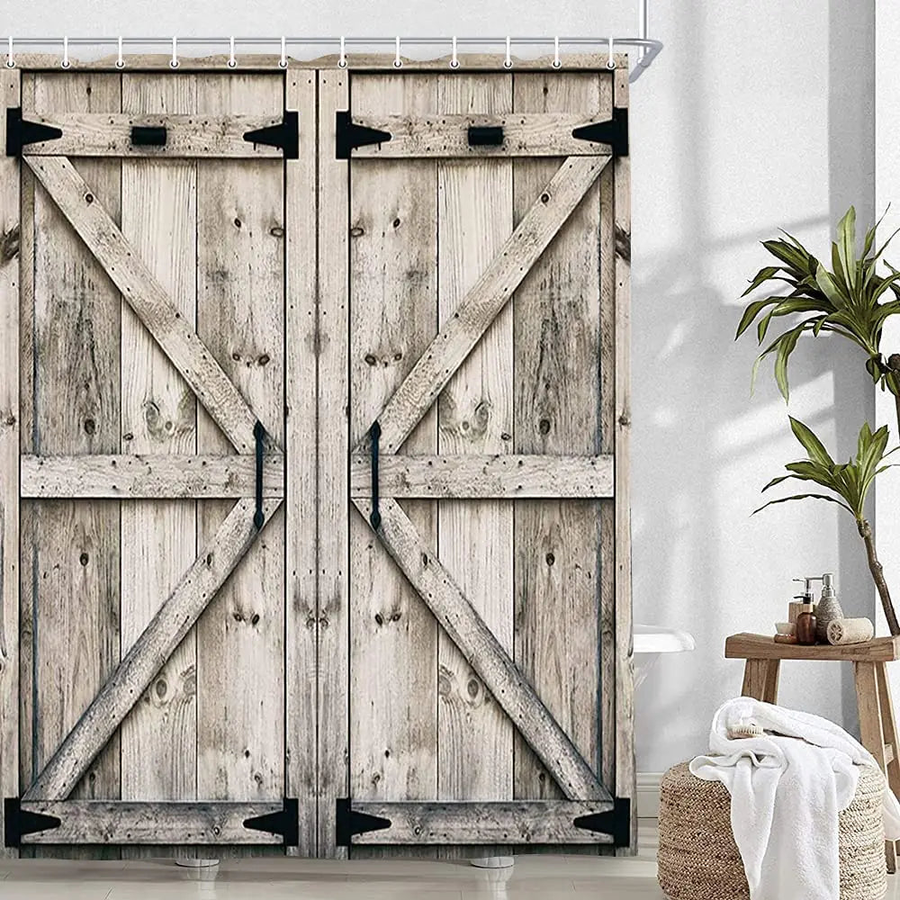 Rustic Wooden Barn Door Shower Curtain – NYMB (54 × 70, Hooks Included)