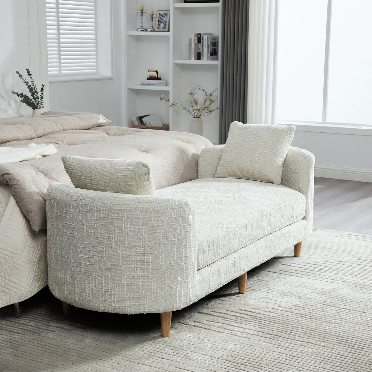 Modern Upholstered End-of-Bed Bench with Armrests – Ivory Chenille