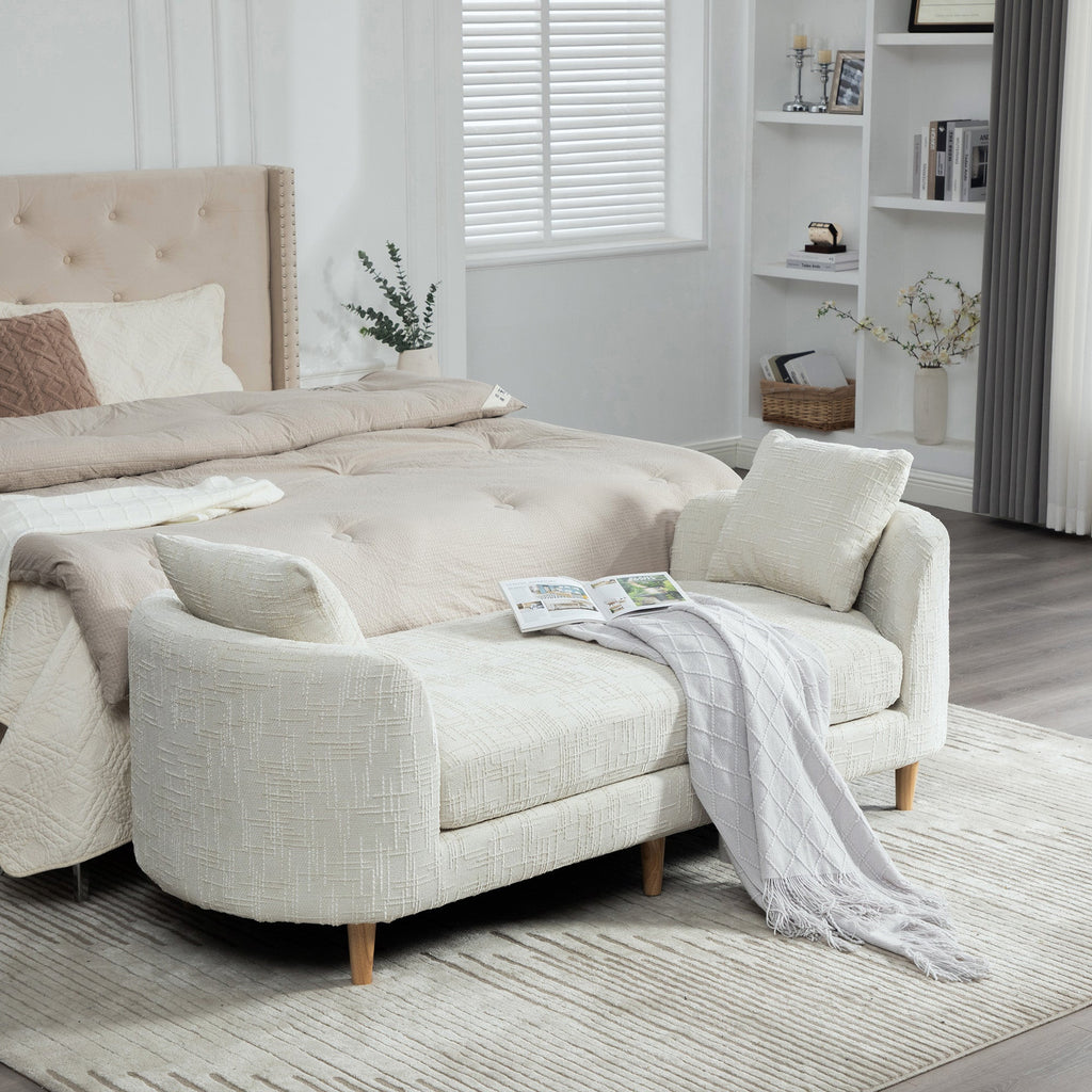 Modern Upholstered End-of-Bed Bench with Armrests – Ivory Chenille