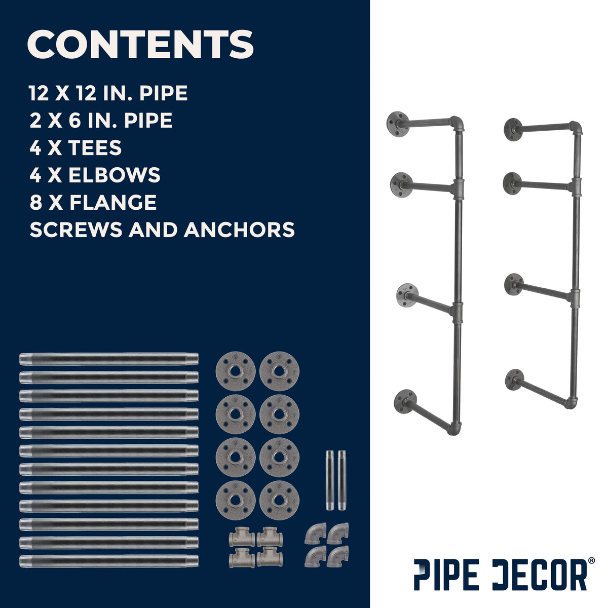 3-Tier Industrial Pipe Wall Shelf Bracket Kit – Black Steel