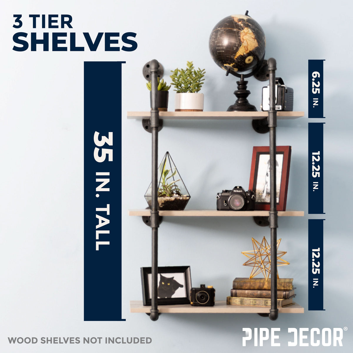 3-Tier Industrial Pipe Wall Shelf Bracket Kit – Black Steel