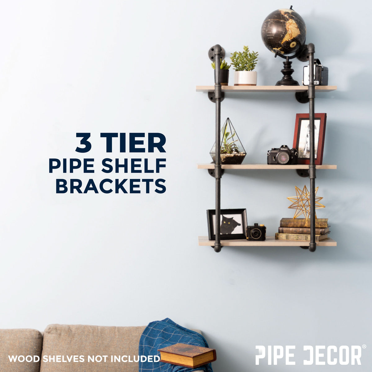 3-Tier Industrial Pipe Wall Shelf Bracket Kit – Black Steel