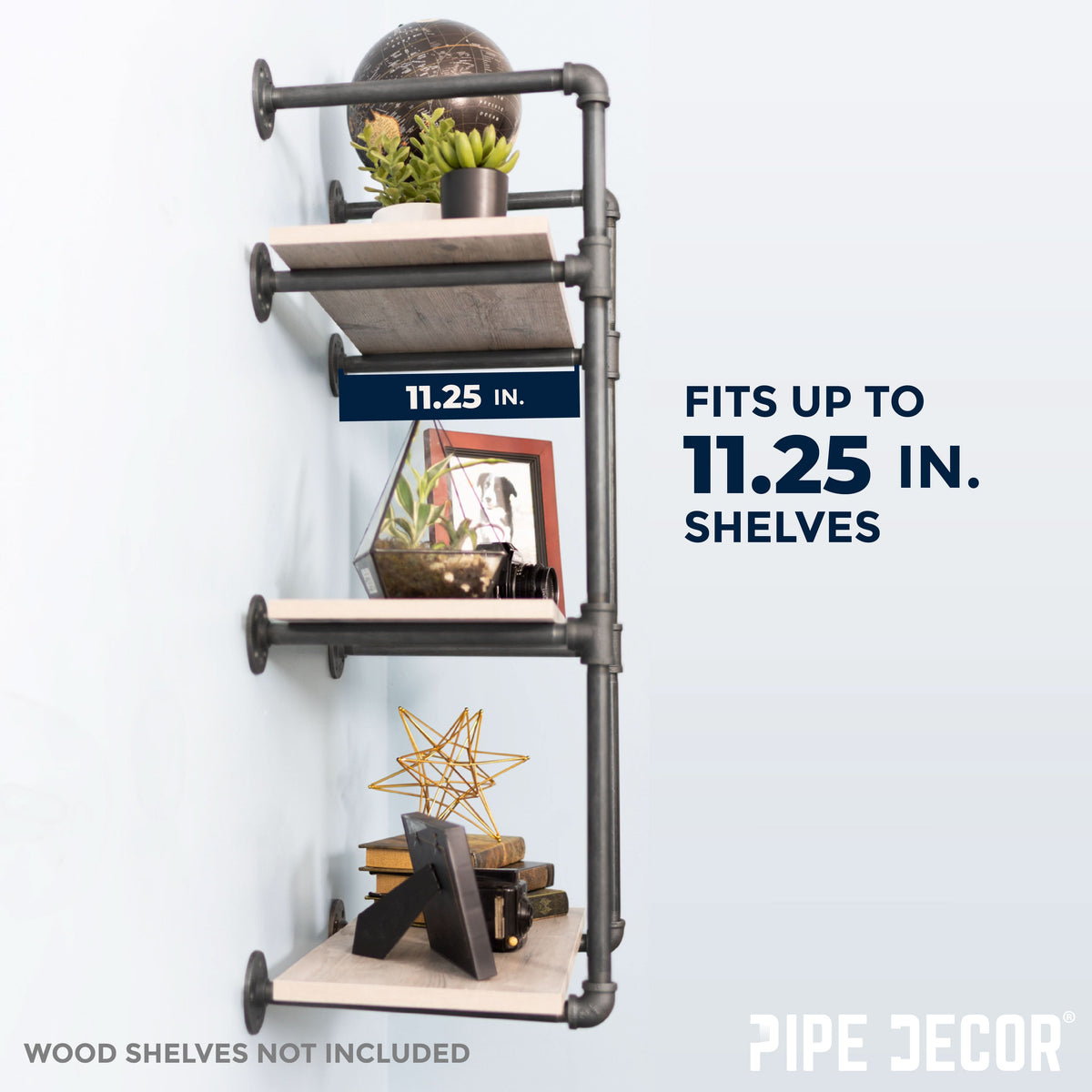3-Tier Industrial Pipe Wall Shelf Bracket Kit – Black Steel