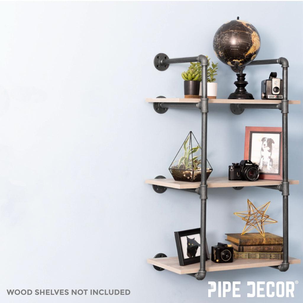 3-Tier Industrial Pipe Wall Shelf Bracket Kit – Black Steel