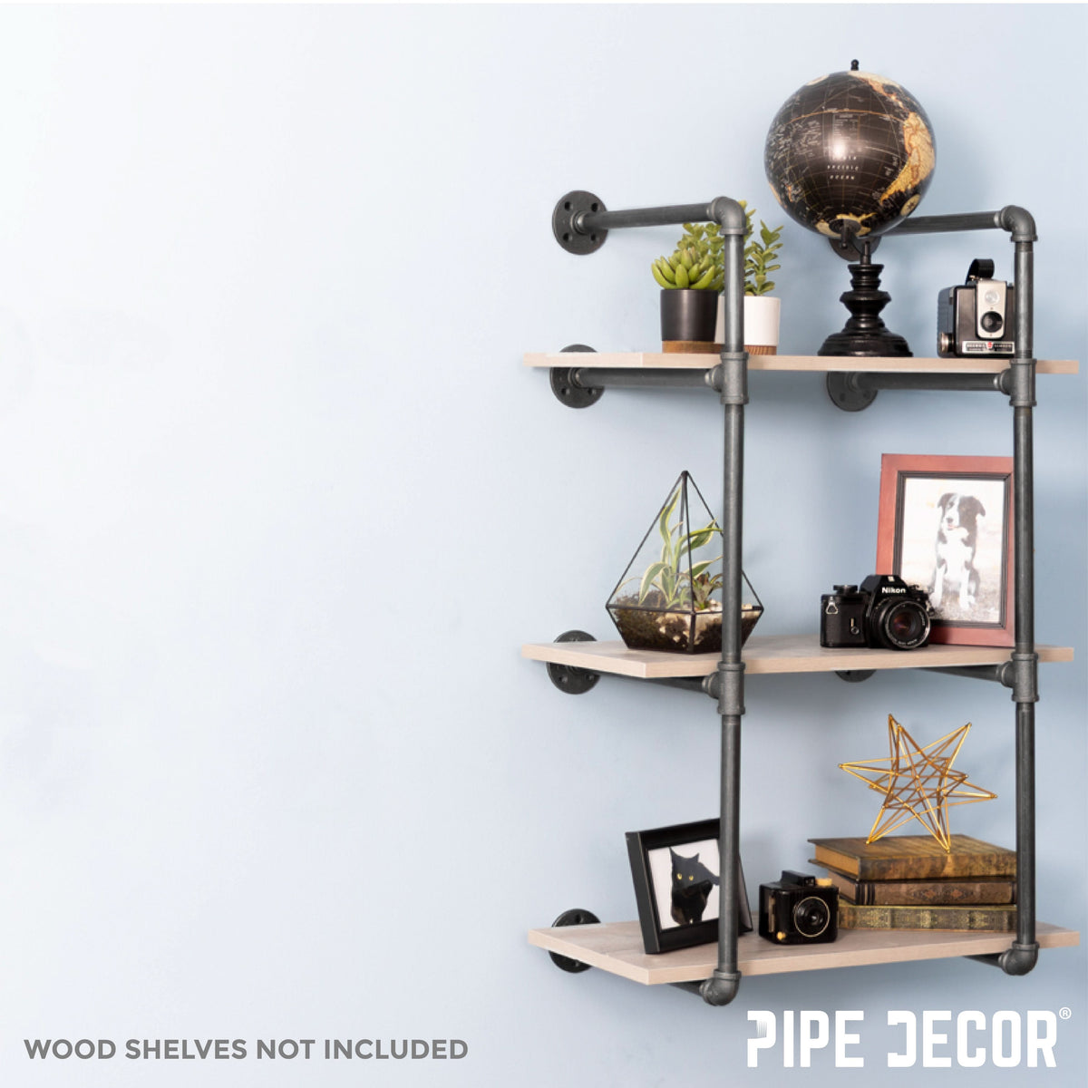 3-Tier Industrial Pipe Wall Shelf Bracket Kit – Black Steel