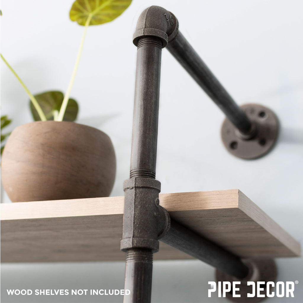 3-Tier Industrial Pipe Wall Shelf Bracket Kit – Black Steel