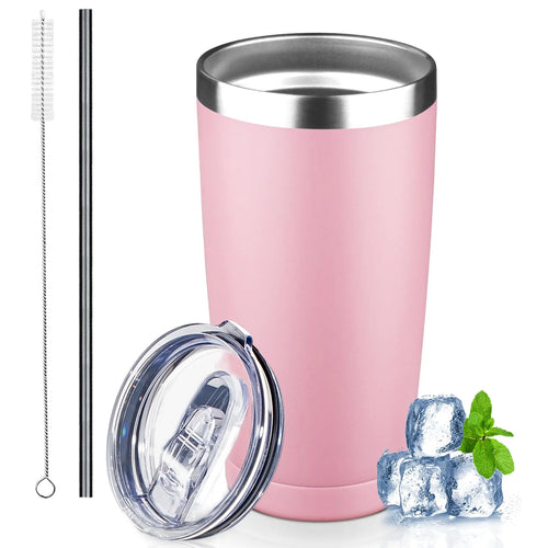 20 oz Insulated Stainless Steel Tumbler with Straw & Brush – Gudemao, Light Pink