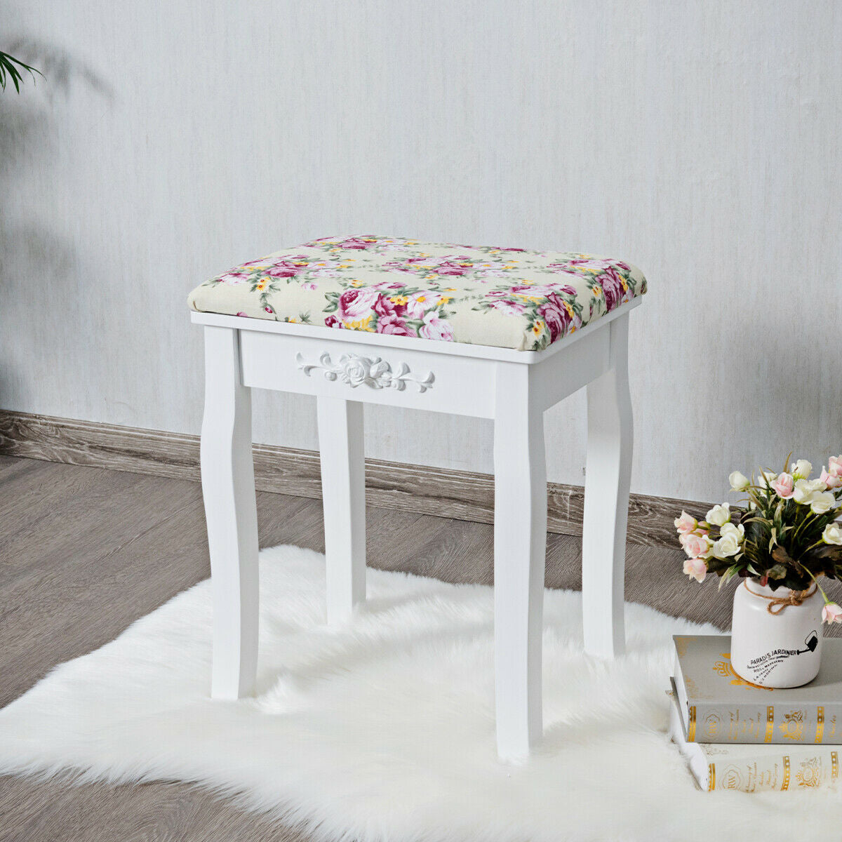 Vanity Stool – Floral Upholstered, Color Options