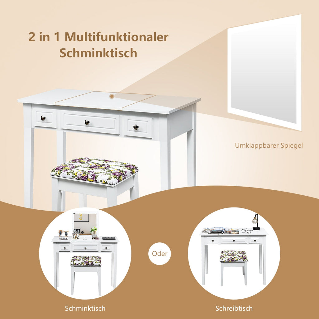 Flip-Top Vanity Dressing Table with Mirror, 3 Drawers & Stool
