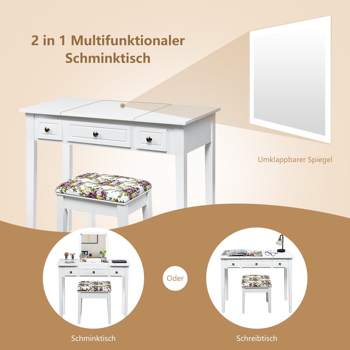 Flip-Top Vanity Dressing Table with Mirror, 3 Drawers & Stool