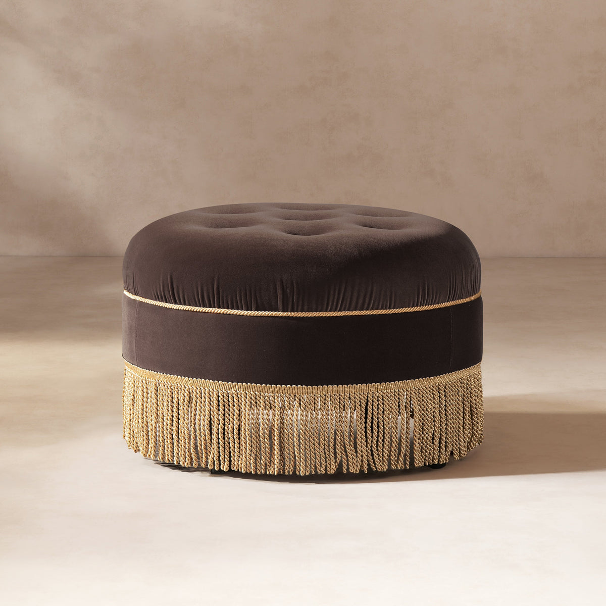 24-Inch Round Upholstered Accent Ottoman – Deep Brown Velvet