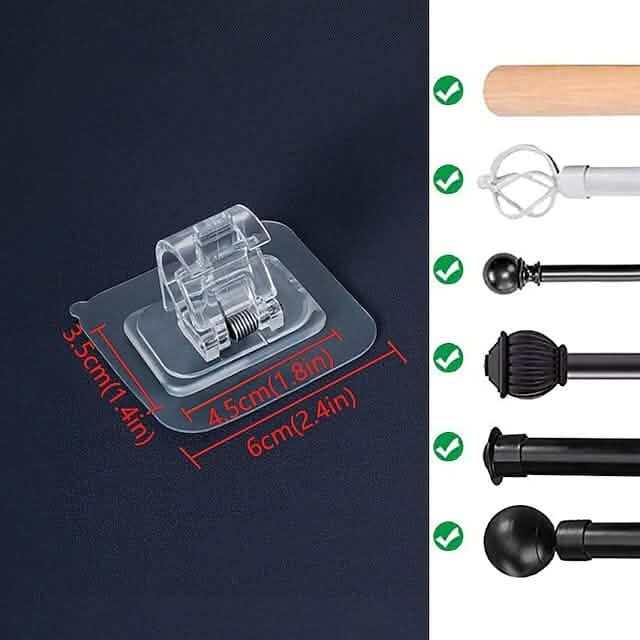 4-Piece No-Drill Curtain Rod Hook Holder Set – Clear