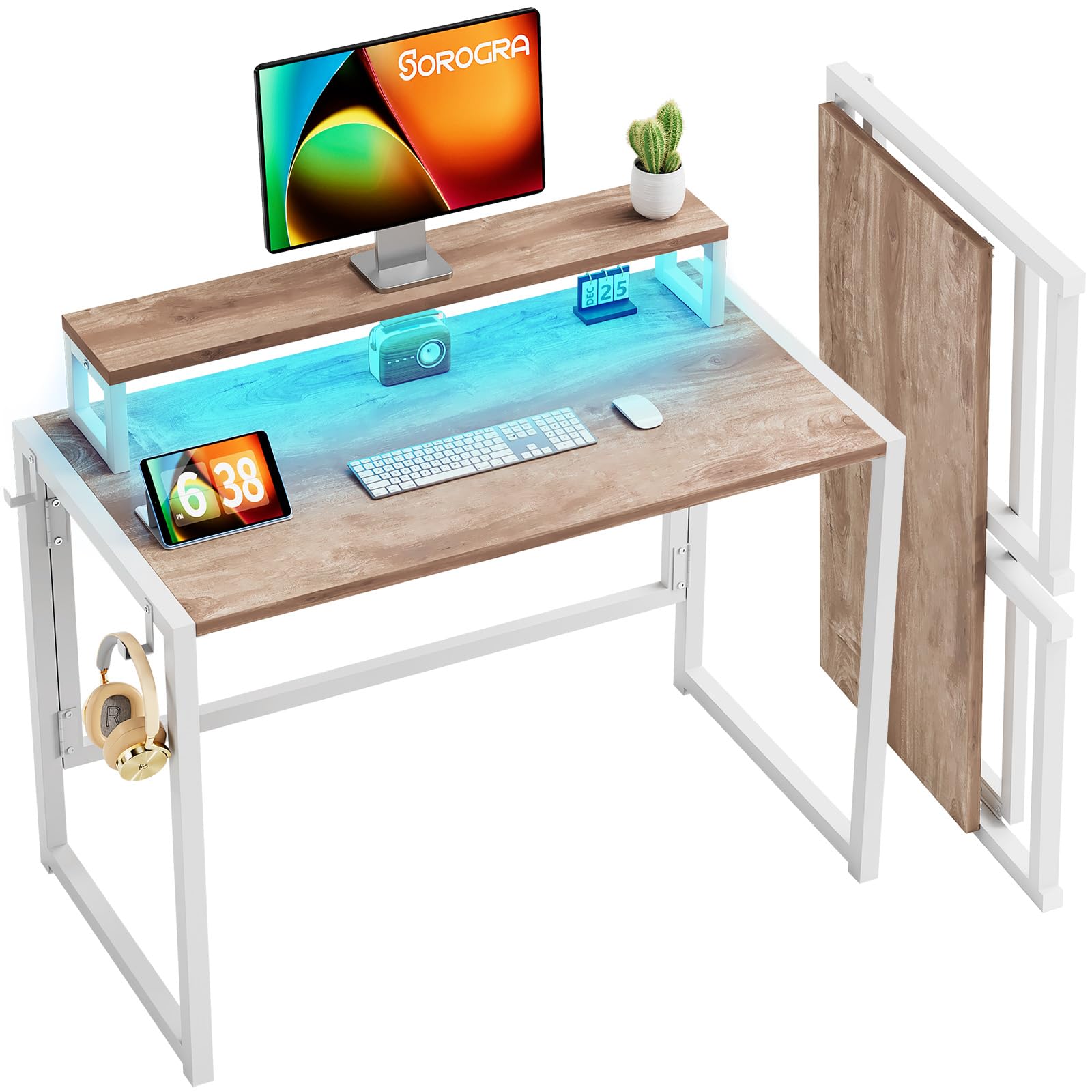 39.4" Foldable Computer Desk with LED Lights & Monitor Stand – Sorogra (Vintage Oak)