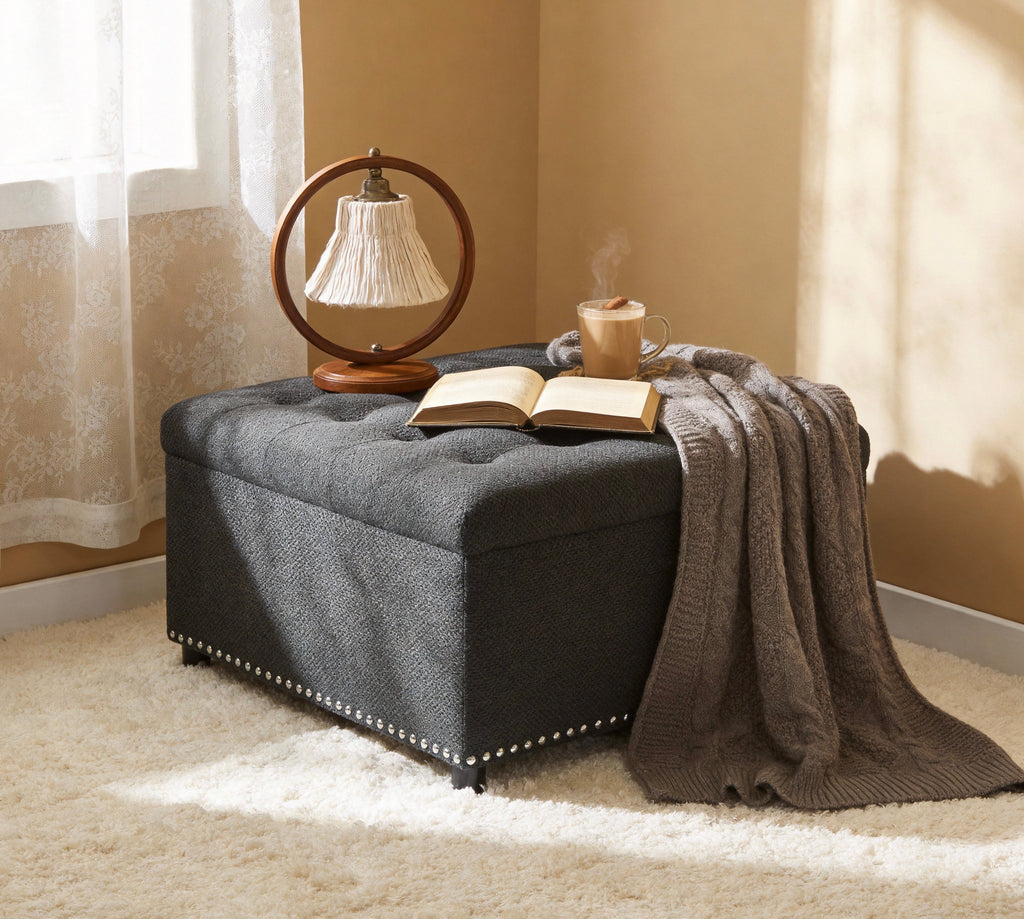 Tufted Storage Ottoman with Nailhead Trim – Dark Gray