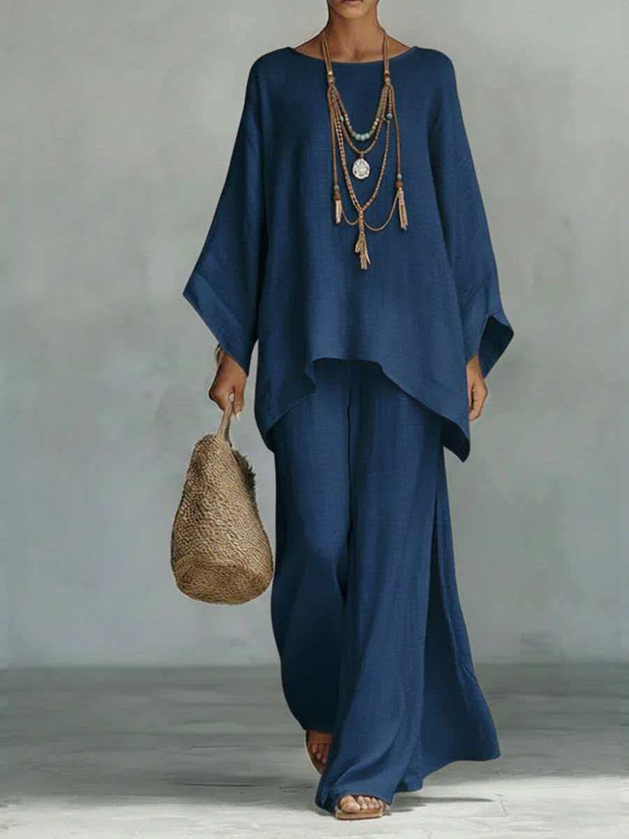Minimalist Long-Sleeve Top & Wide-Leg Trousers Set