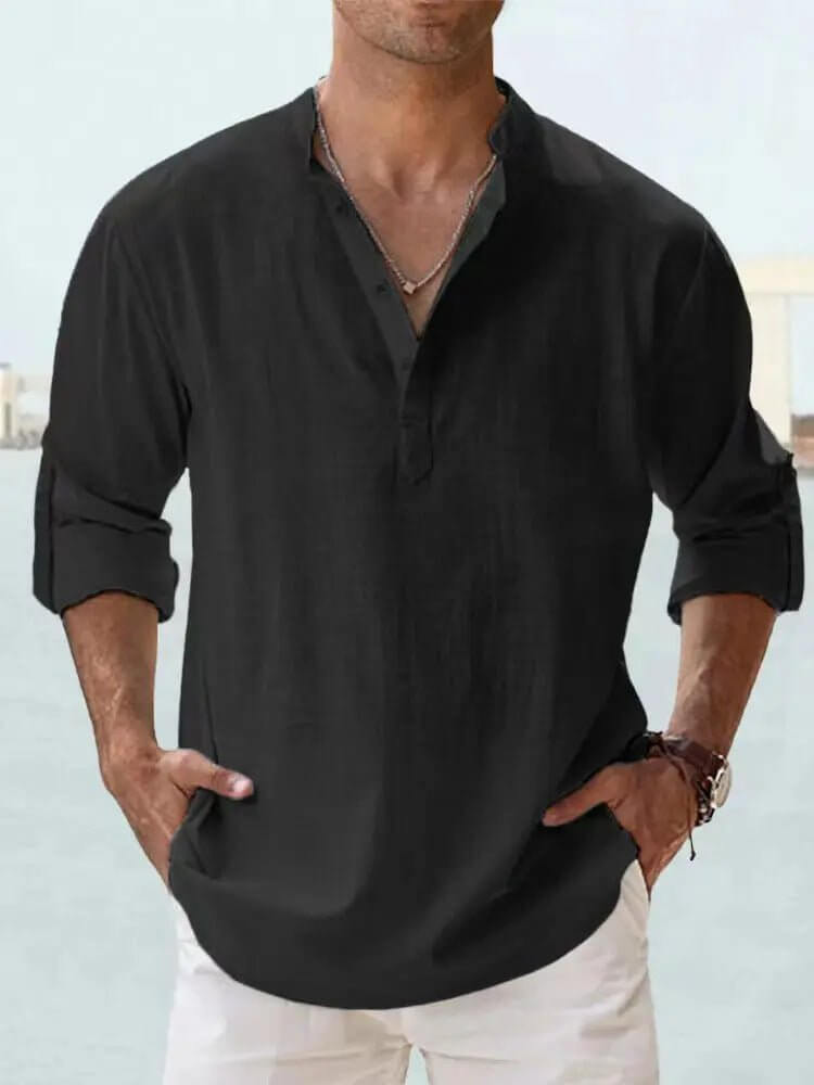 Men’s Cotton-Linen Loose Fit Long Sleeve Shirt
