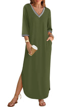 ZESICA Womens Summer V Neck Maxi Dresses Causal 3/4 Sleeve Loose Flowy Split Beach Vacation Sundress with PocketsArmyGreenSmall