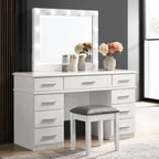 Upholstered Vanity Stool – Metallic Gray & Glossy White