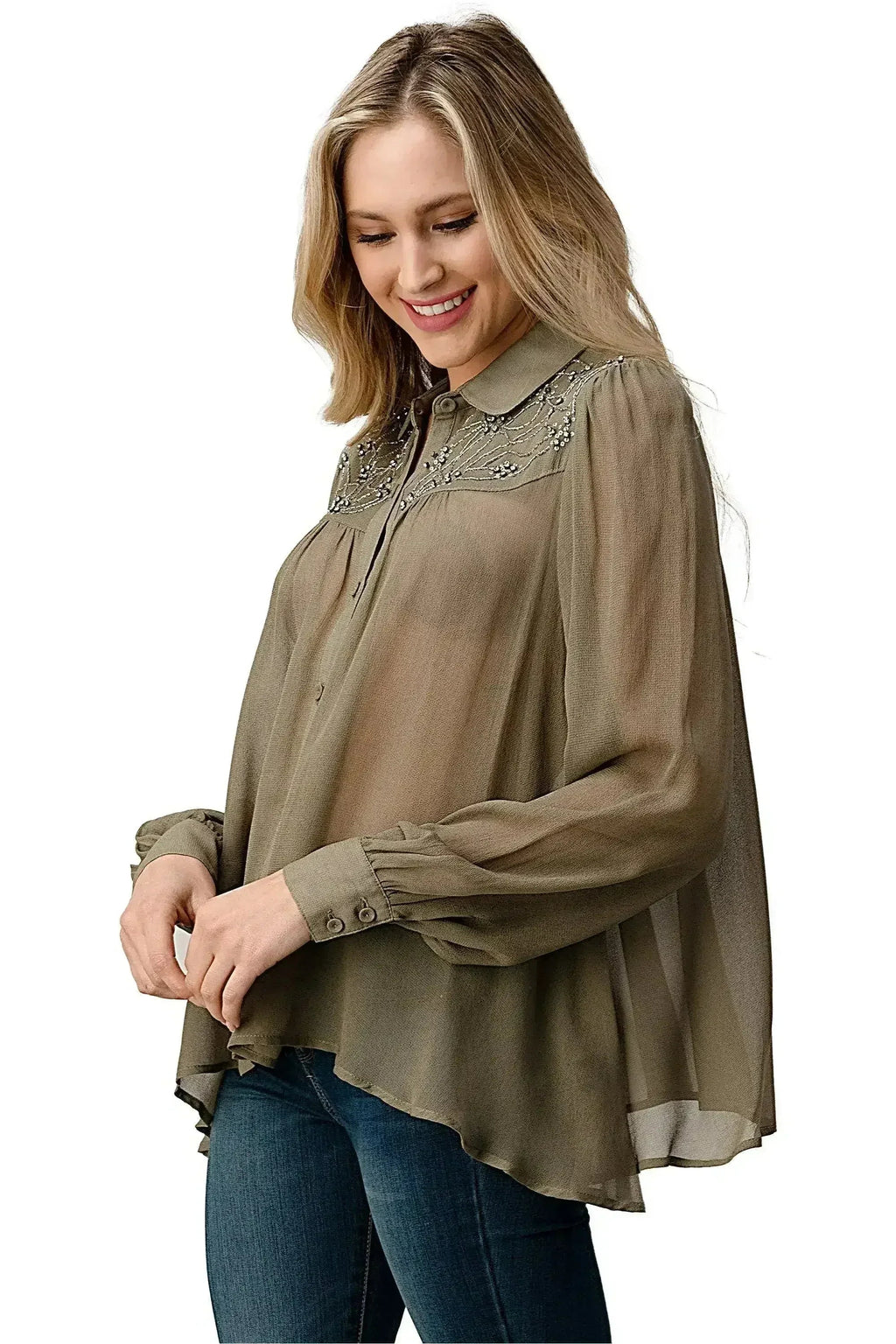 Embroidered Sheer Georgette Blouse with Beaded Trim