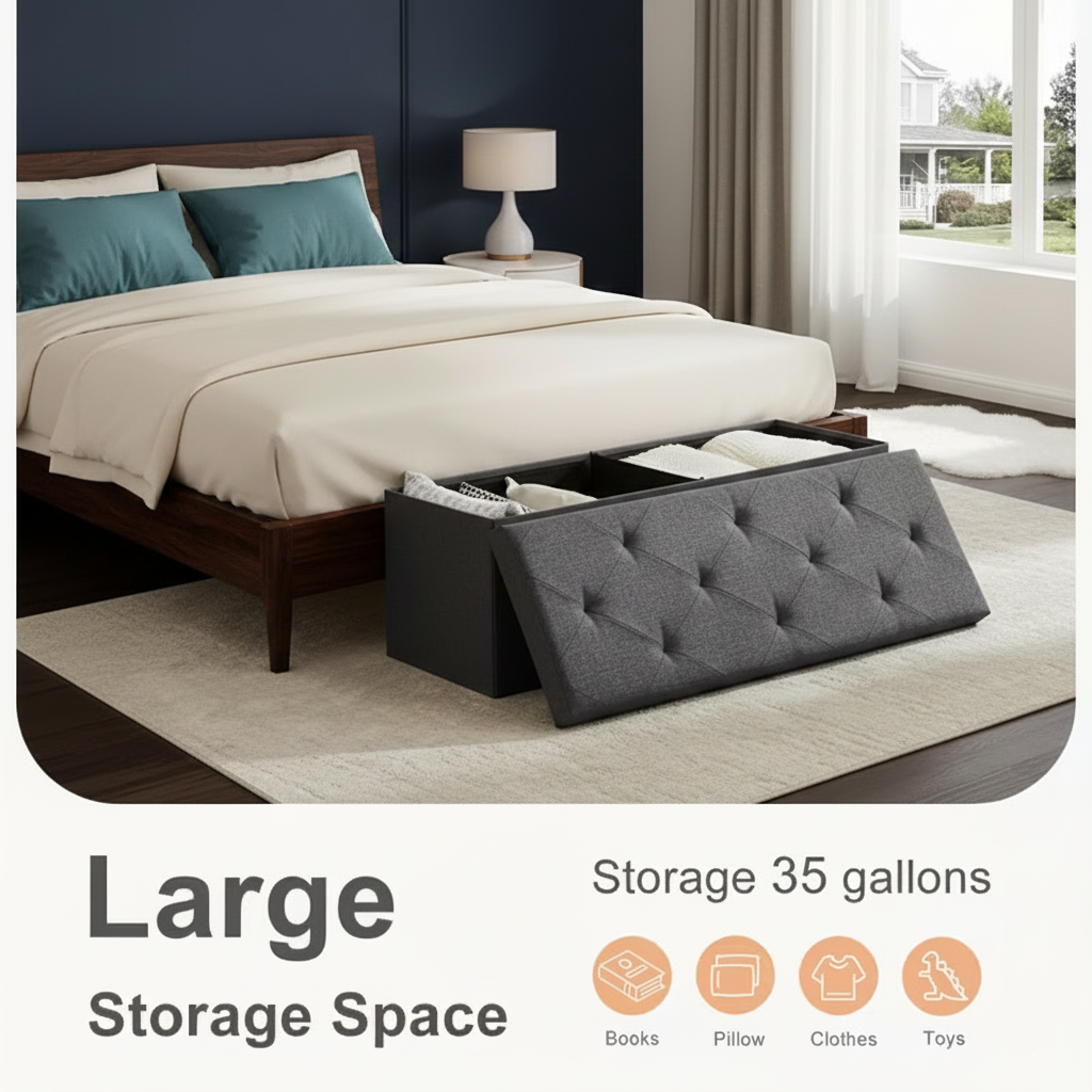 Folding Storage Ottoman Bench – Multiple Sizes & Colors