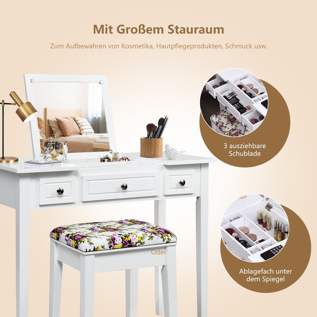 Flip-Top Vanity Dressing Table with Mirror, 3 Drawers & Stool