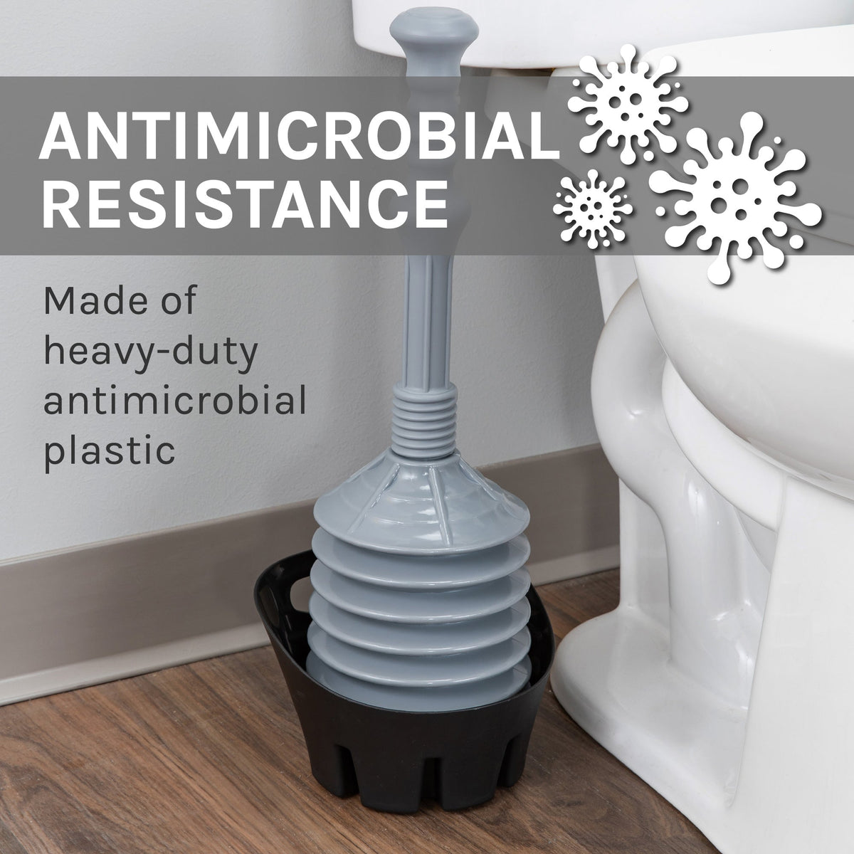 Antimicrobial Bellows Toilet Plunger with Storage Tray – Grey