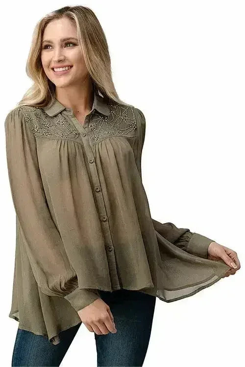 Embroidered Sheer Georgette Blouse with Beaded Trim