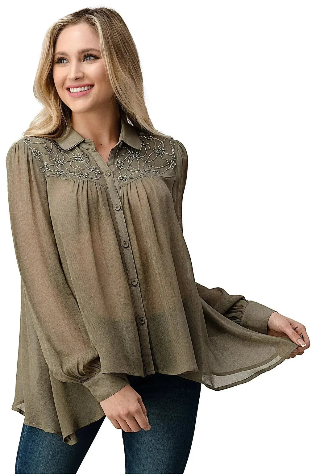 Embroidered Sheer Georgette Blouse with Beaded Trim