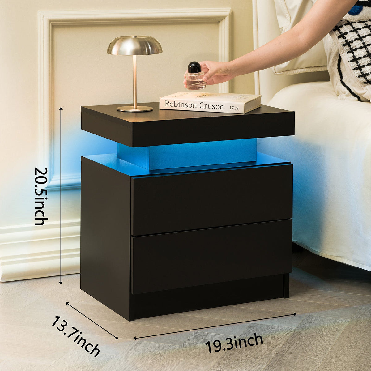 Modern LED Nightstand with 2 Drawers – Black