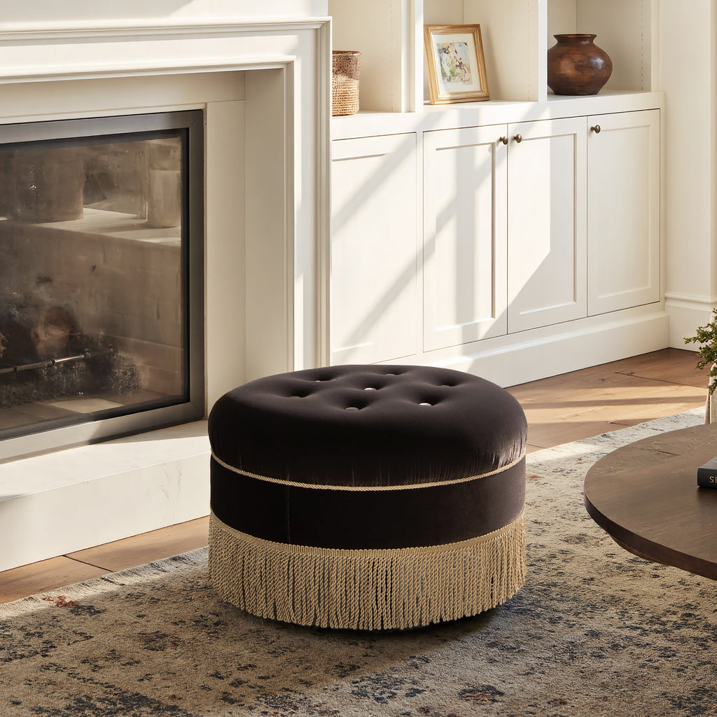 24-Inch Round Upholstered Accent Ottoman – Deep Brown Velvet