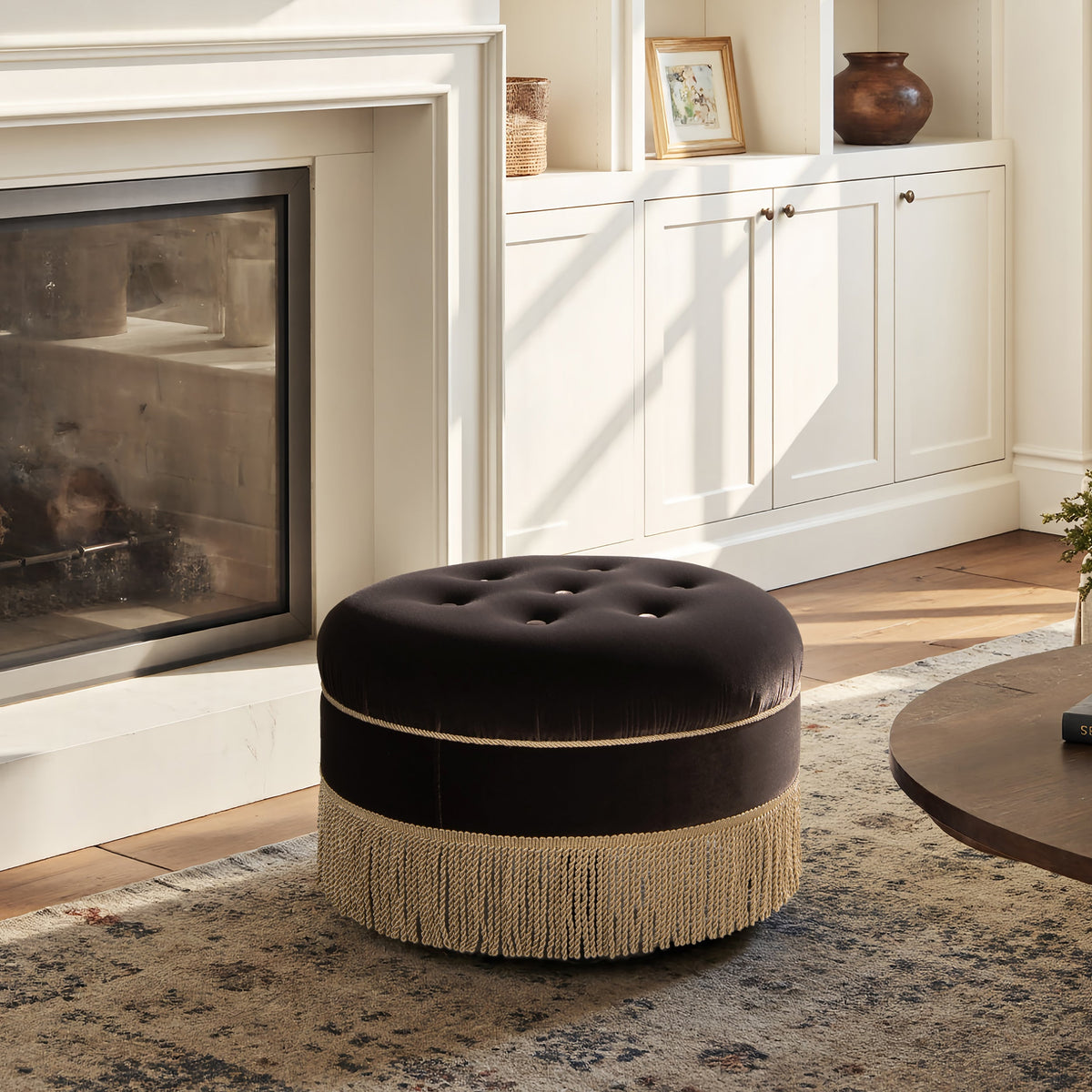 24-Inch Round Upholstered Accent Ottoman – Deep Brown Velvet