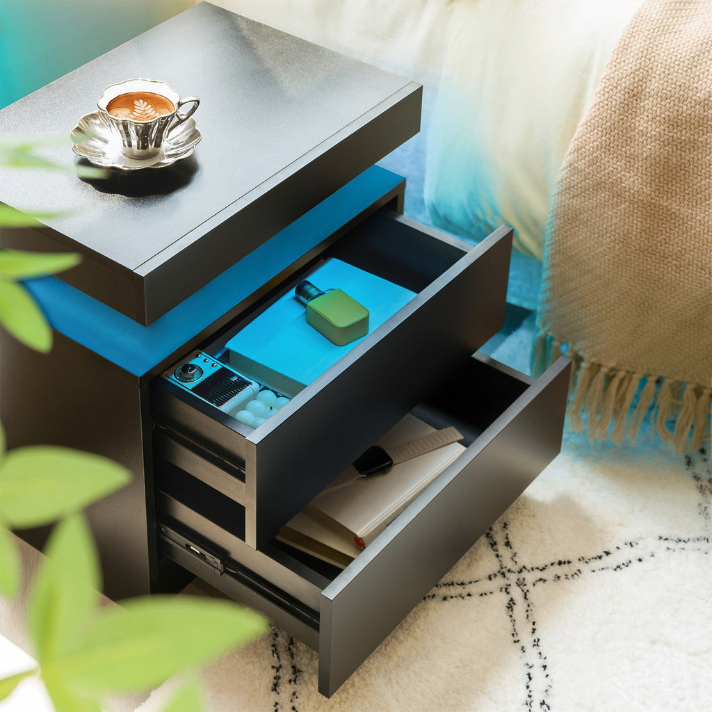 Modern LED Nightstand with 2 Drawers – Black