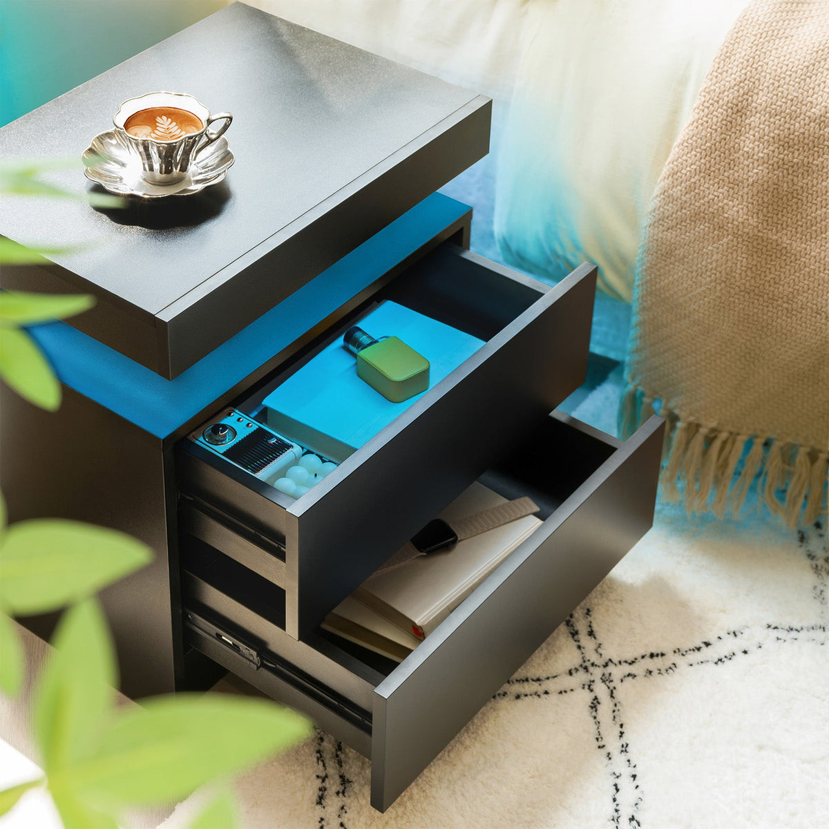 Modern LED Nightstand with 2 Drawers – Black