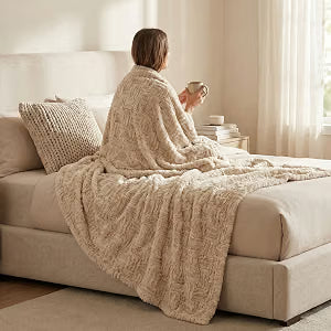DaDalogy Bedding Champagne Ivory Faux Fur Throw Blanket - Dreamy Gold Geometric Embossed Sherpa Backside - Super Soft Warm Cozy Plush Fluffy