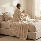 DaDalogy Bedding Champagne Ivory Faux Fur Throw Blanket - Dreamy Gold Geometric Embossed Sherpa Backside - Super Soft Warm Cozy Plush Fluffy