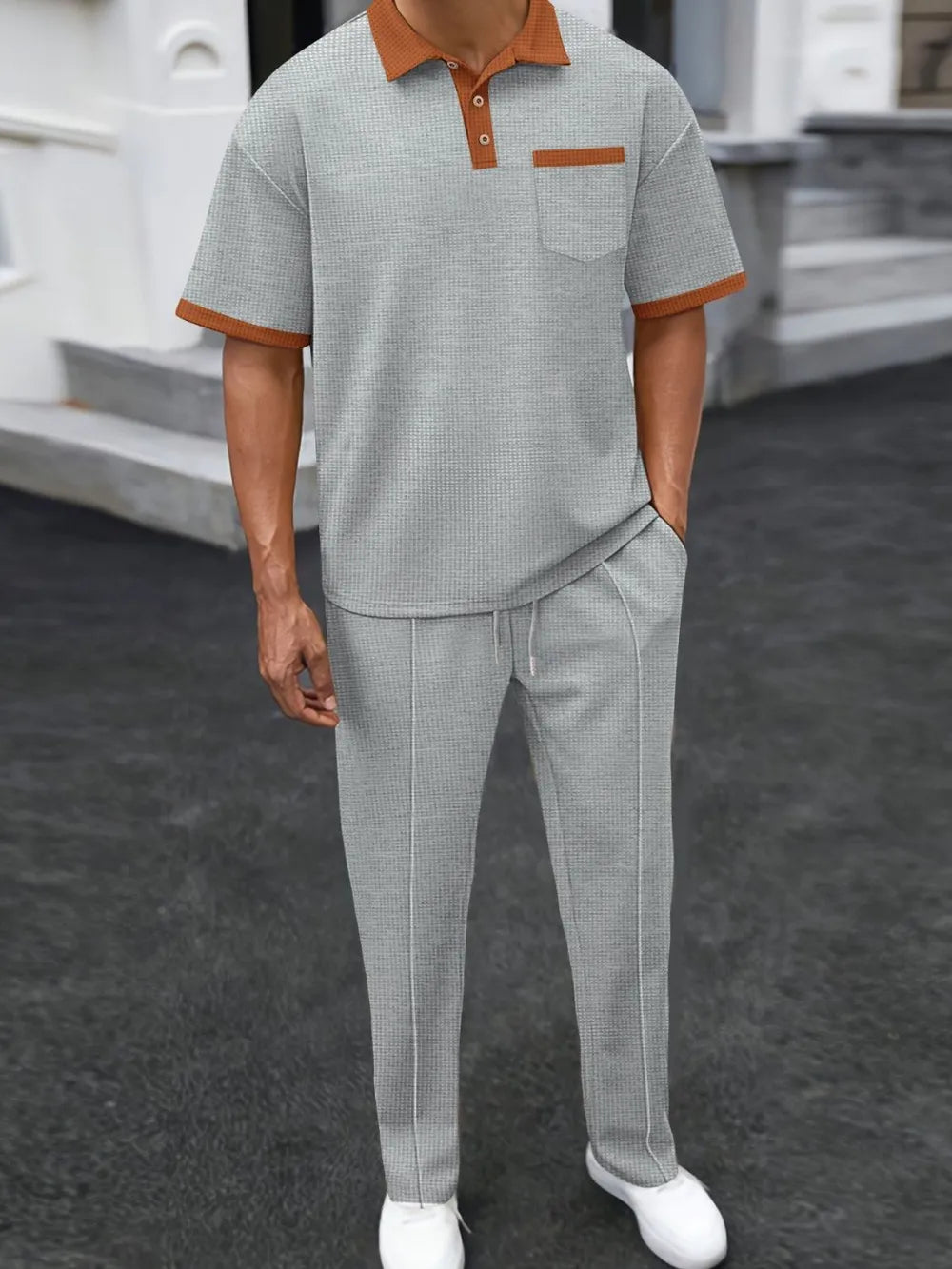 Men’s Waffle-Knit Contrast Polo & Pants Set
