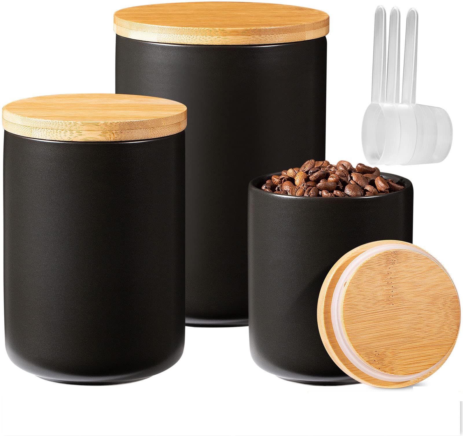 3-Piece Ceramic Kitchen Canister Set with Wood Lids – Yangbaga (Black)