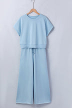 Mist Blue Solid Color Loose Tee Drawstring Wide Leg Pants 2pcs Outfit