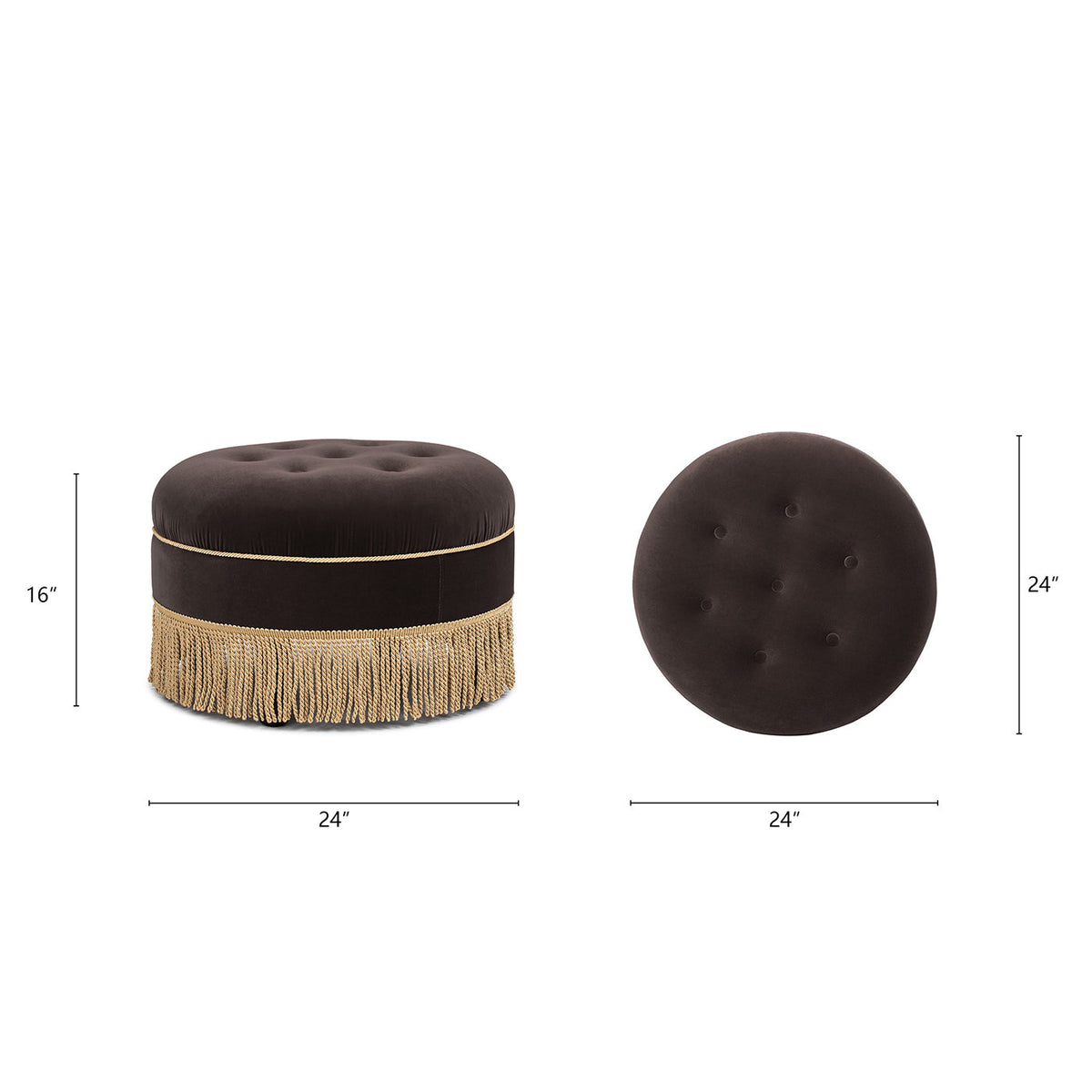 24-Inch Round Upholstered Accent Ottoman – Deep Brown Velvet