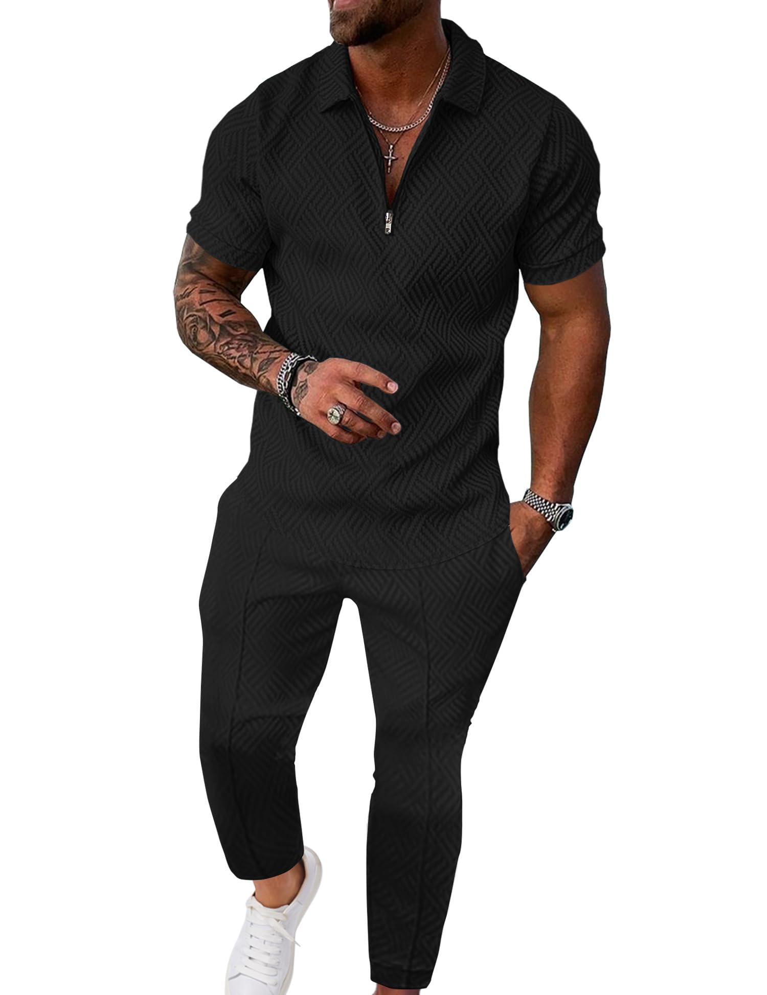 Men’s Textured Quarter-Zip Polo & Jogger Set