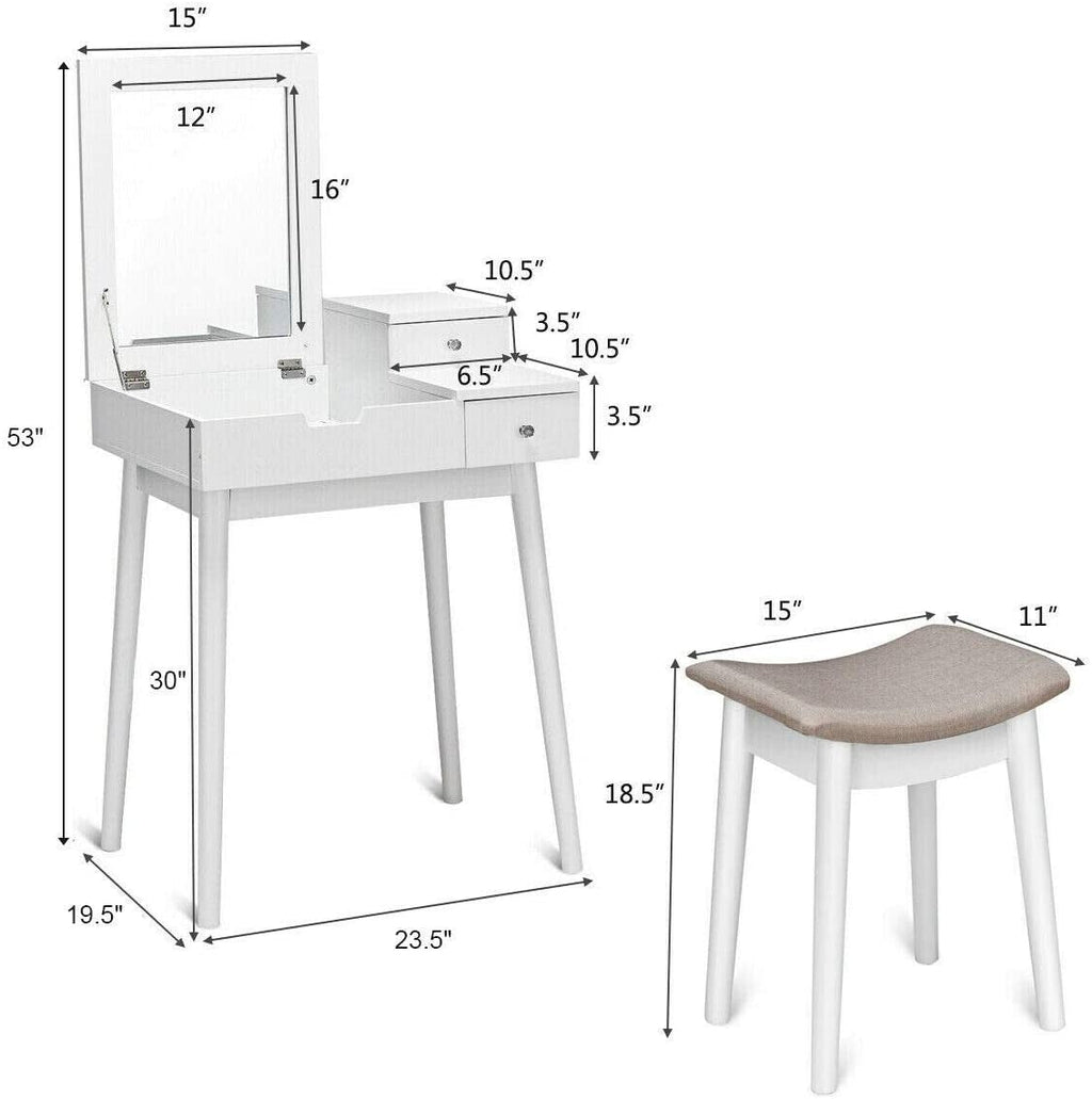 Flip-Top Vanity Dressing Table Set with Mirror & Stool – White