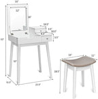 Flip-Top Vanity Dressing Table Set with Mirror & Stool – White