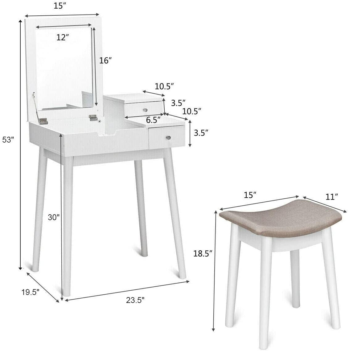 Flip-Top Vanity Dressing Table Set with Mirror & Stool – White