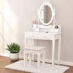 4-Drawer Vanity Dressing Table Set with Oval Mirror & Stool – Jasmine White